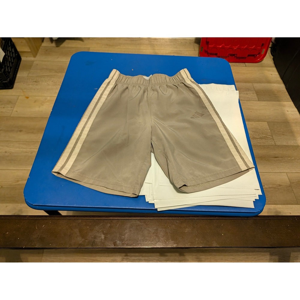 Adidas Boys Khaki Tan 3-Stripe Athletic Shorts Size Medium 10/12 AG10187